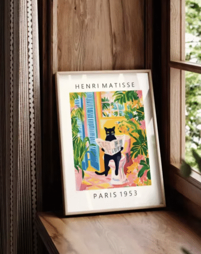 Pôster Tropical Matisse com Gato Preto – Arte Moderna Divertida sem Moldura
